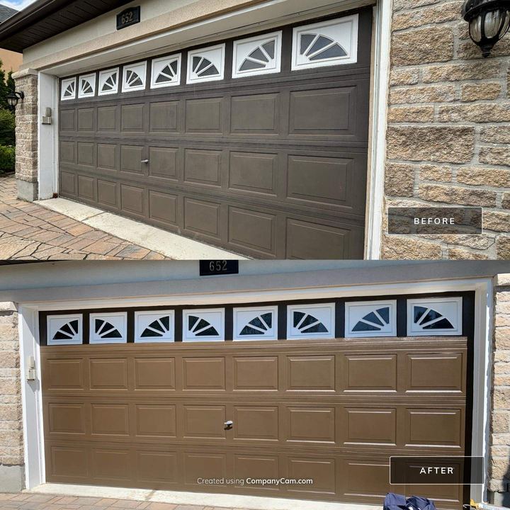 Garage door before (top) and after (bottom) repainting